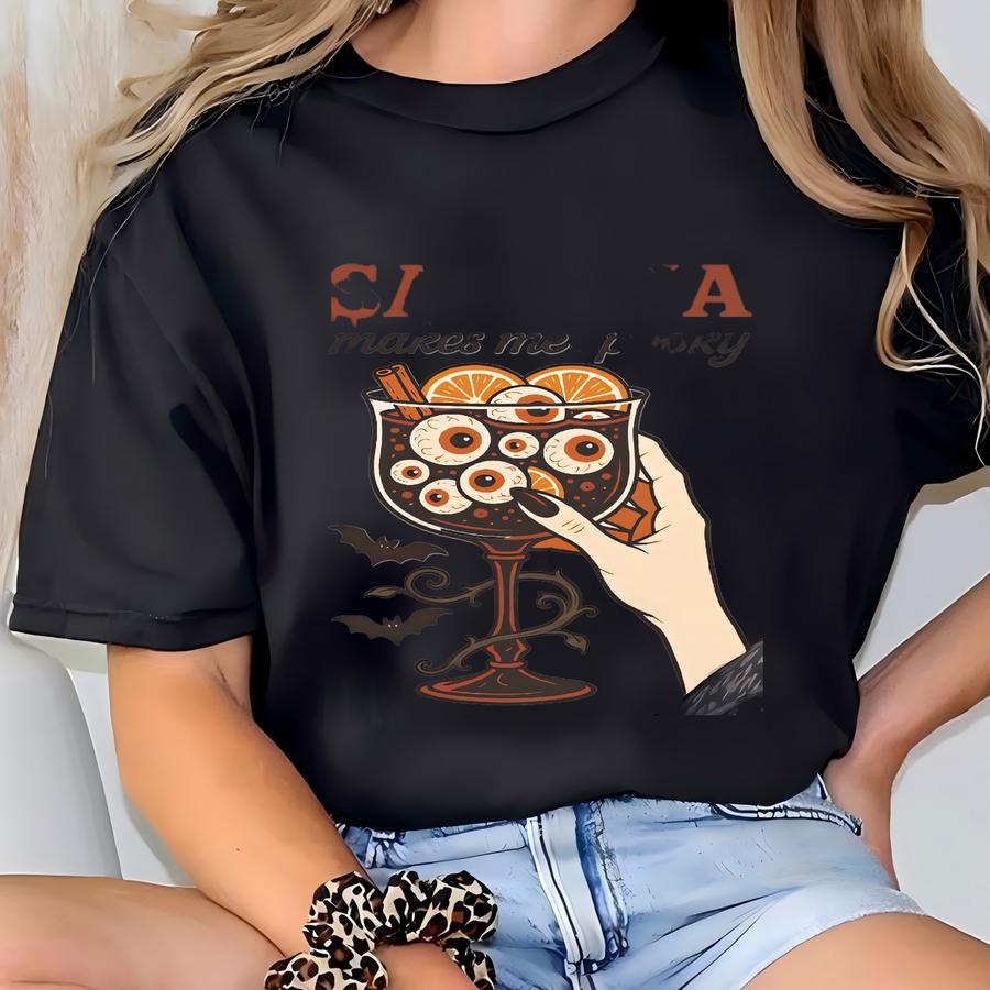 Funny Halloween Sangria Shirt Sangria Makes Me Spooky Tee Boozy Gift For Her Eyeball Drink Bats Fall Party T Shirt T-shirt