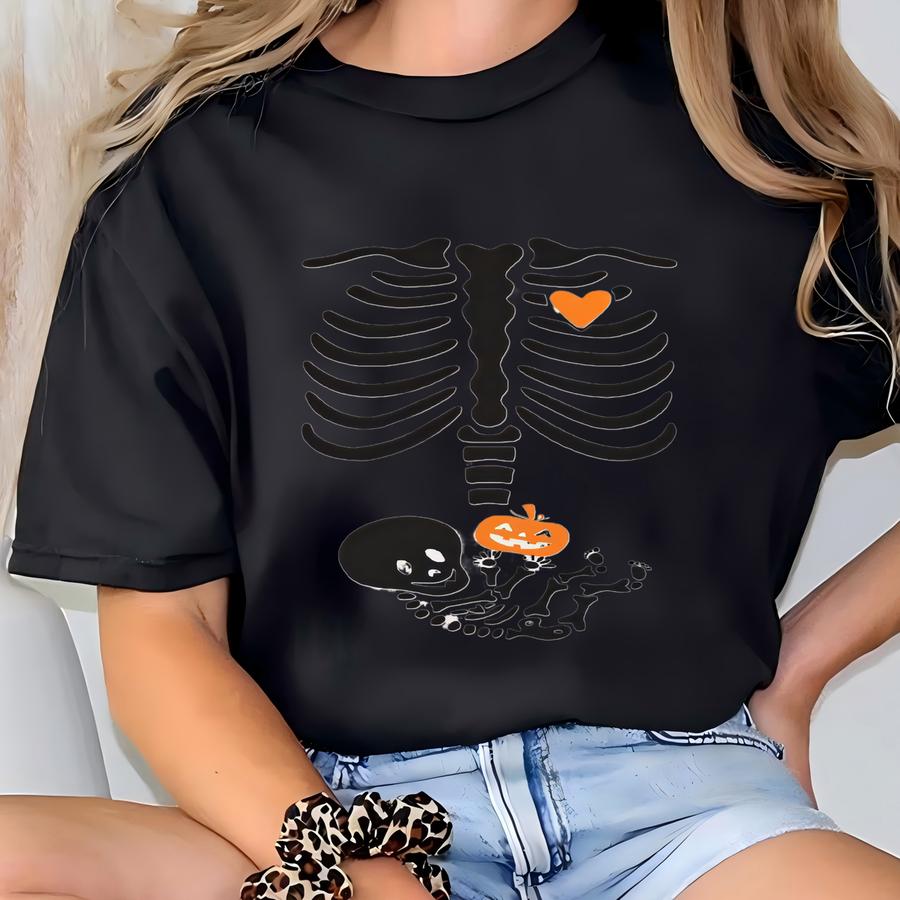 Skeleton Halloween Maternity Sweatshirt, Funny Pregnancy Announcement Shirt, Pregnant Women Costume, Fall New Mom Sweater, Gift For New Mom T-shirt