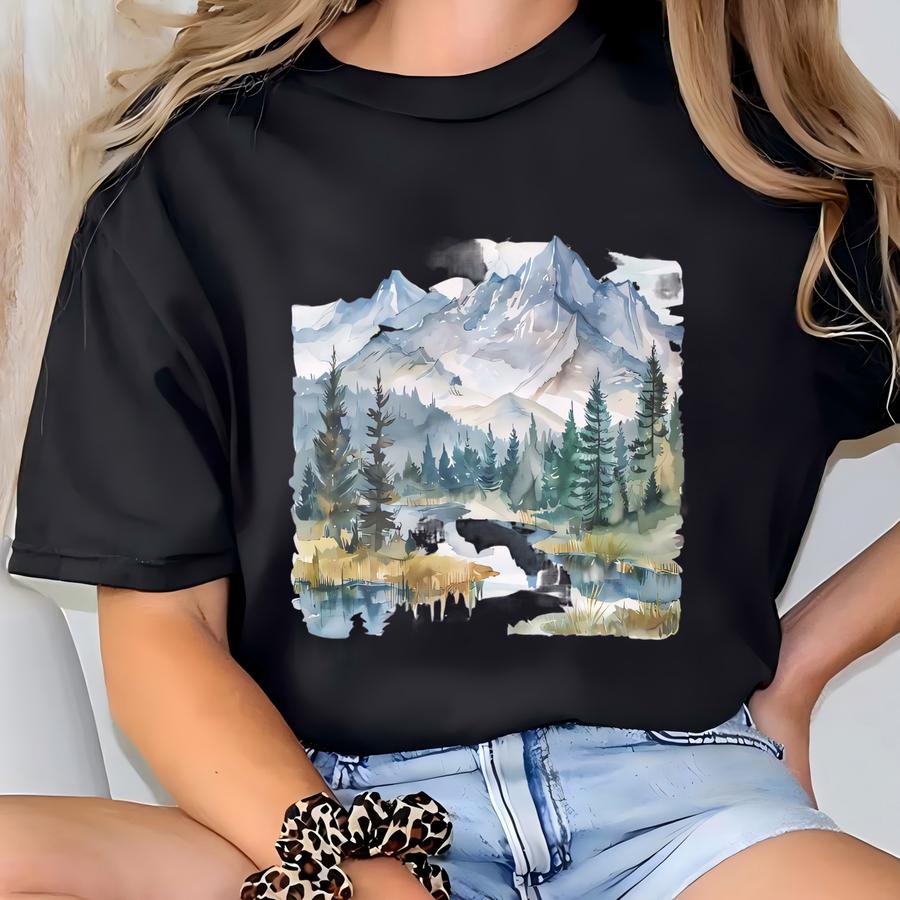 Retro Snowy Mountain Scene Watercolor Art Vintage Sweatshirt Aesthetic Style T-shirt