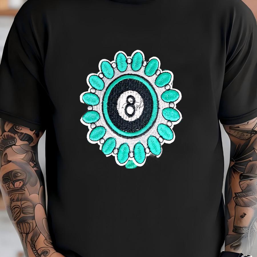 Turquoise Buckle Eight Ball Patch - Iron On - Medium - White Black - Accessory - Trucker Hat - Y - Western Cowboy T-shirt
