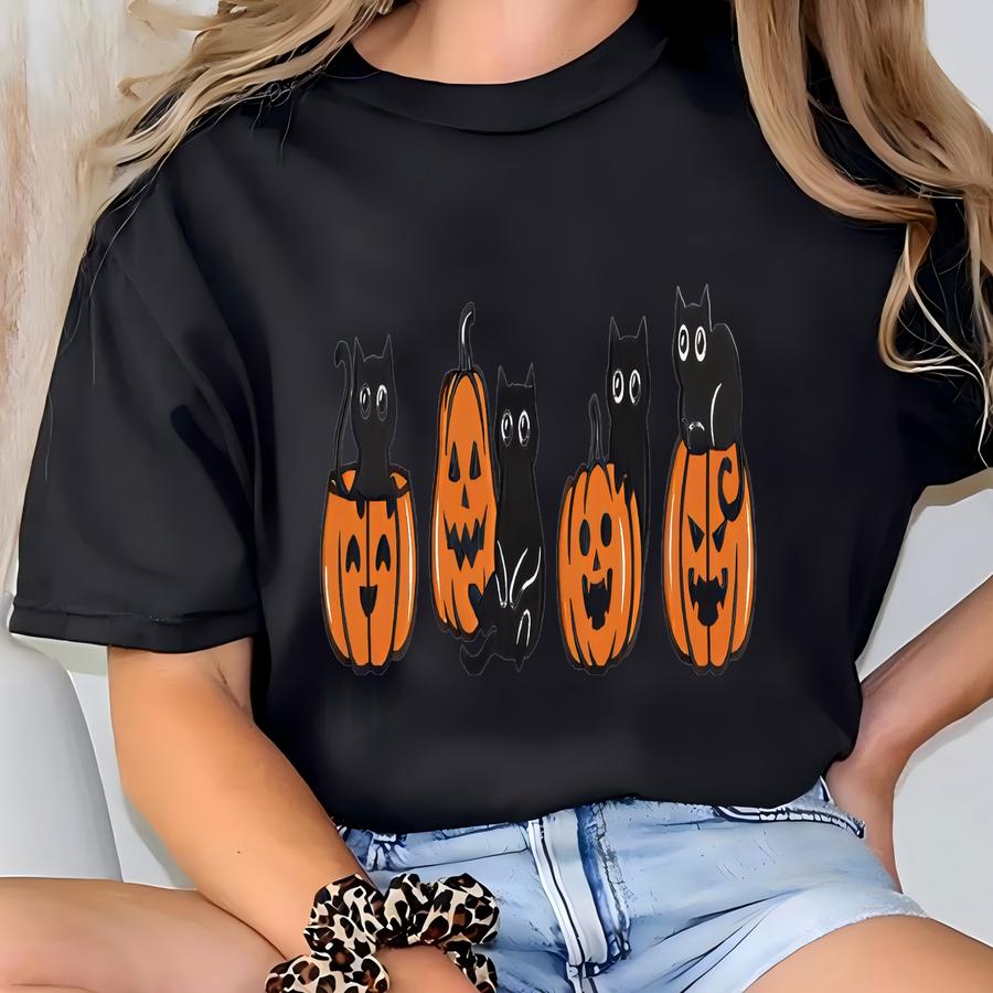 Halloween Black Cat Sweatshirt, Pumpkin Fall Sweater, Halloween Crewneck, Cute Autumn Spooky Season, Cat Lover Gift T-shirt
