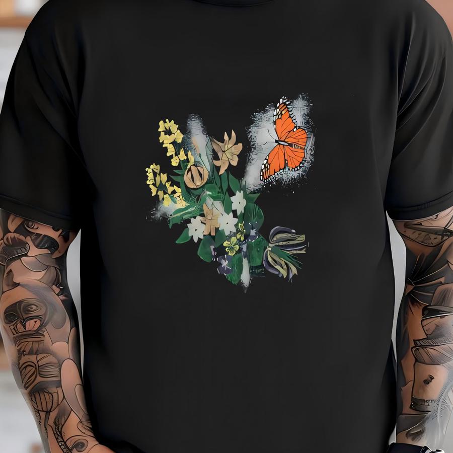 90s Retro Floral Sweatshirt: Butterfly Flower Art, Size M T-shirt
