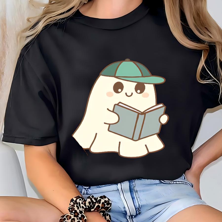 Ghost In A Cap Reading A Book Sweatshirt, Couple Ghost Sweatshirt, Cozy Book Lover Sweater, Halloween Sweatshirt, Lightweight Unisex Sweater T-shirt