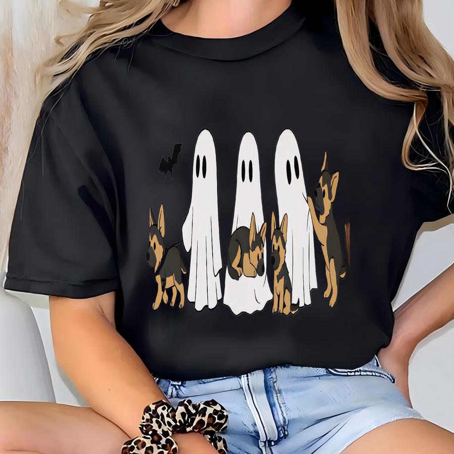 German Shepherd Ghost Halloween Shirt Dog Lover Spooky Season Tee Puppy Ghost Graphic Novelty Gift Pet Parent Fall Autumn T-shirt