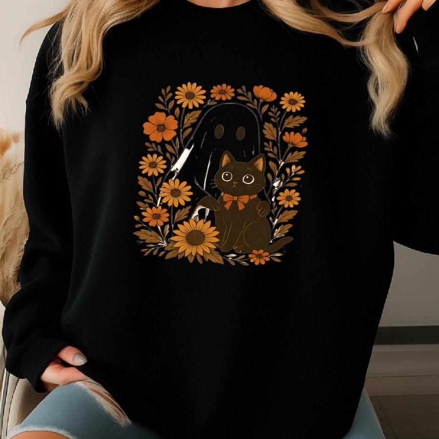 ® Cute Ghost Black Cat Halloween Tshirt, Ghost And Cat Shirt, Ghost Girly Halloween Gift, Halloween Gift Sweatshirt