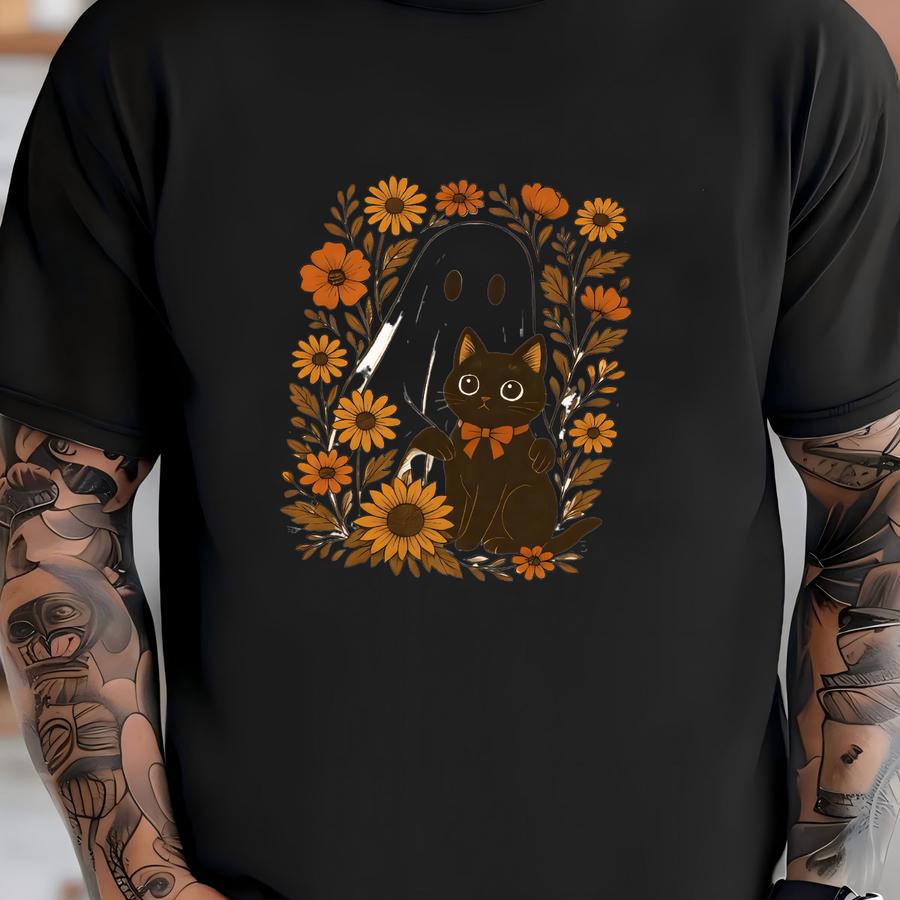 ® Cute Ghost Black Cat Halloween Tshirt, Ghost And Cat Shirt, Ghost Girly Halloween Gift, Halloween Gift T-shirt