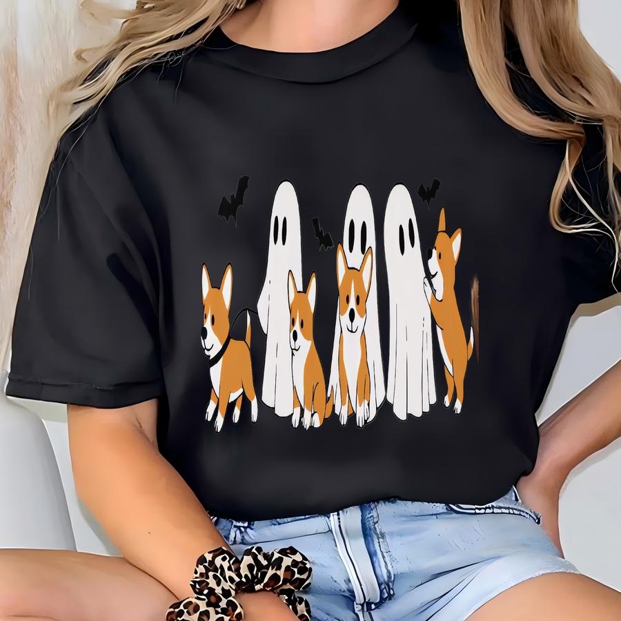 Corgi Halloween Shirt Dog Lover Tee Cute Ghost And Corgis Spooky Season Fall Graphic Tshirt Gift For Her Funny Dog Shirt T-shirt