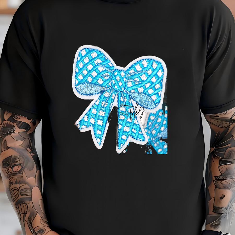 Blue And White Gingham Bow Patch - Iron On - Accessory - Americana - Trucker Hat - Patriotic Grandmillenial Accent T-shirt