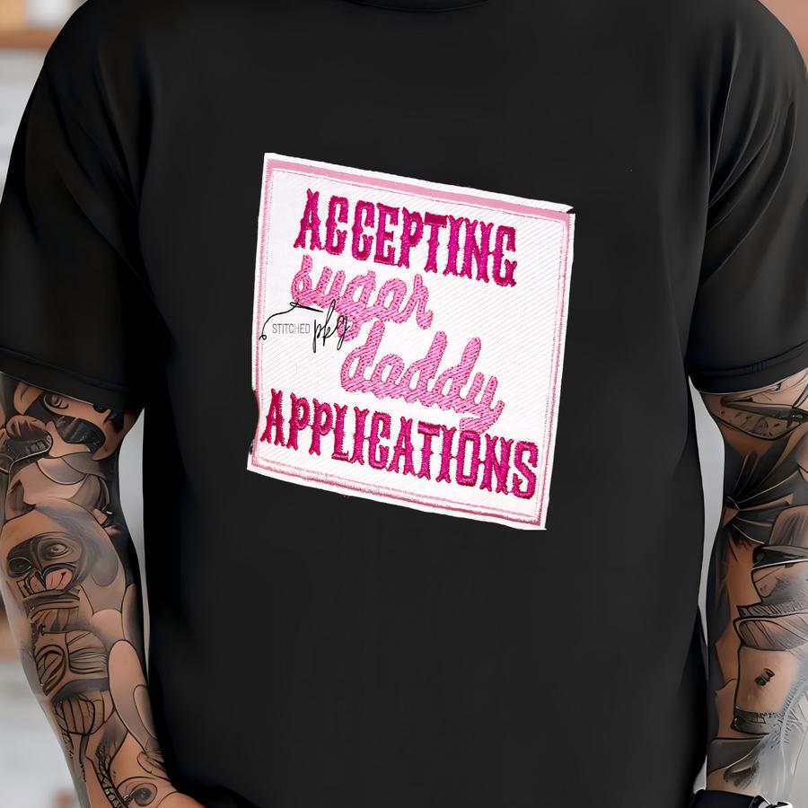 Accepting Sugar Daddy Applications Patch - Iron On - Large - Pink White - Accessory - Trucker Hat - Y - Rectangle T-shirt