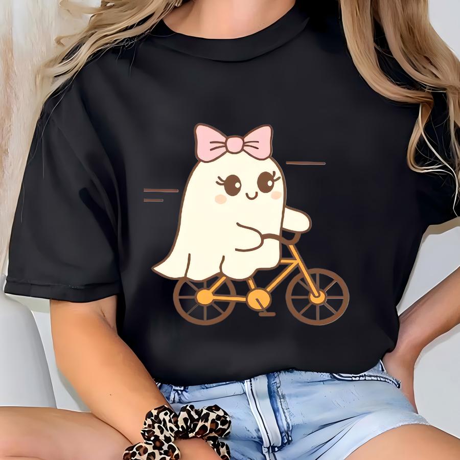 Ghost Riding A Bicycle Sweatshirt, Cozy Cycling Lover Crewneck, Halloween Sweatshirt, Girl Cycling Club, Lightweight Unisex Sweater T-shirt