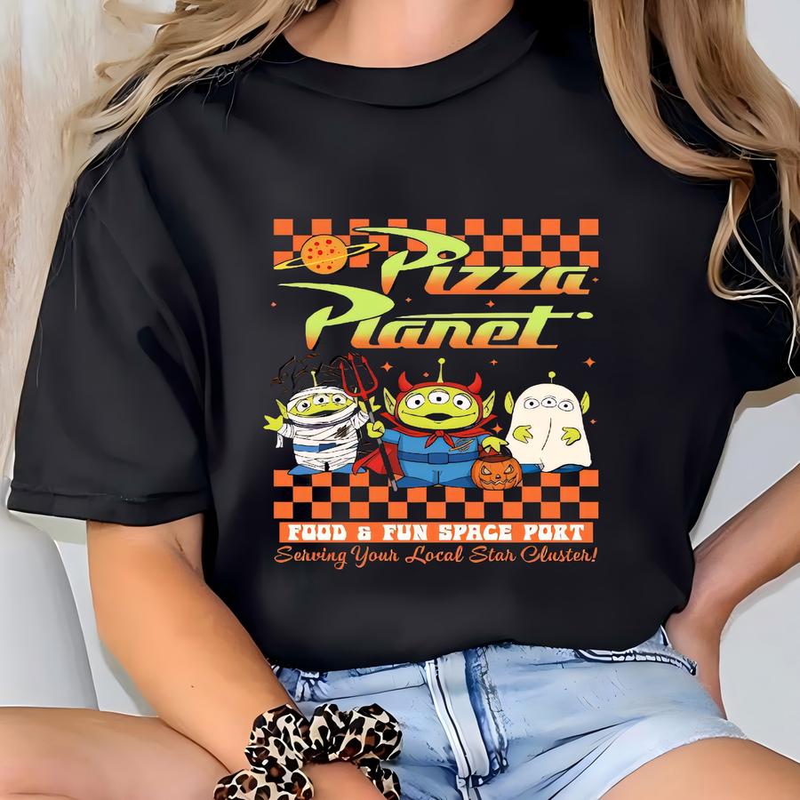 Aliens Pizza Planet Halloween Shirt, Planet Halloween Gift, Spooky Season Tee, Land Halloween Vacation Kids Women T-shirt