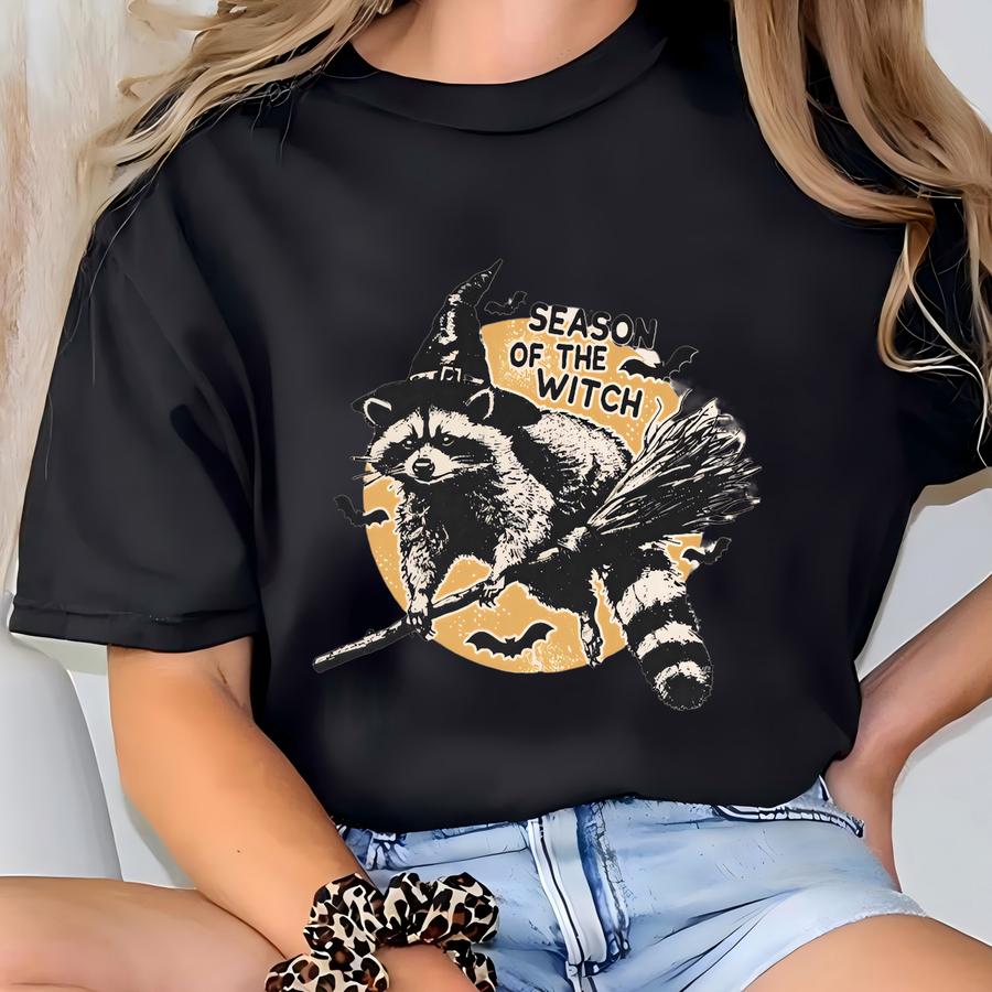Season Of The Witch Halloween Raccoon Shirt, Witch Racoon Sweatshirt, Womens Halloween Hoodie, Raccoon Sweater, Halloween Witchy Vibes T-shirt