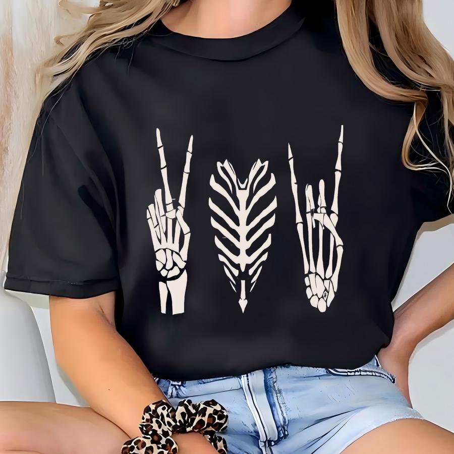 Skeleton Hand Hoodie, Skeleton Shirt, Horror Gift, Skeleton Rock Tee, Rock And Roll Shirt, Halloween Shirt, Rock On Halloween, Skull Shirt T-shirt