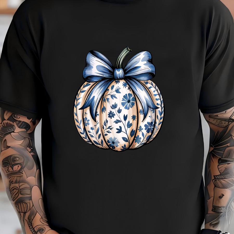 Blue Floral Pumpkin Long Sve Shirt: Coquette Preppy Fall Tee T-shirt