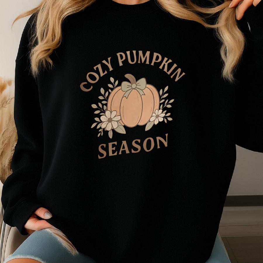 Cozy Pumpkin Season Crewneck Sweatshirt, Cute Fall Sweater For Women, Autumn Floral Pullover, Offdanforth Essentials Tier Sweatshirt
