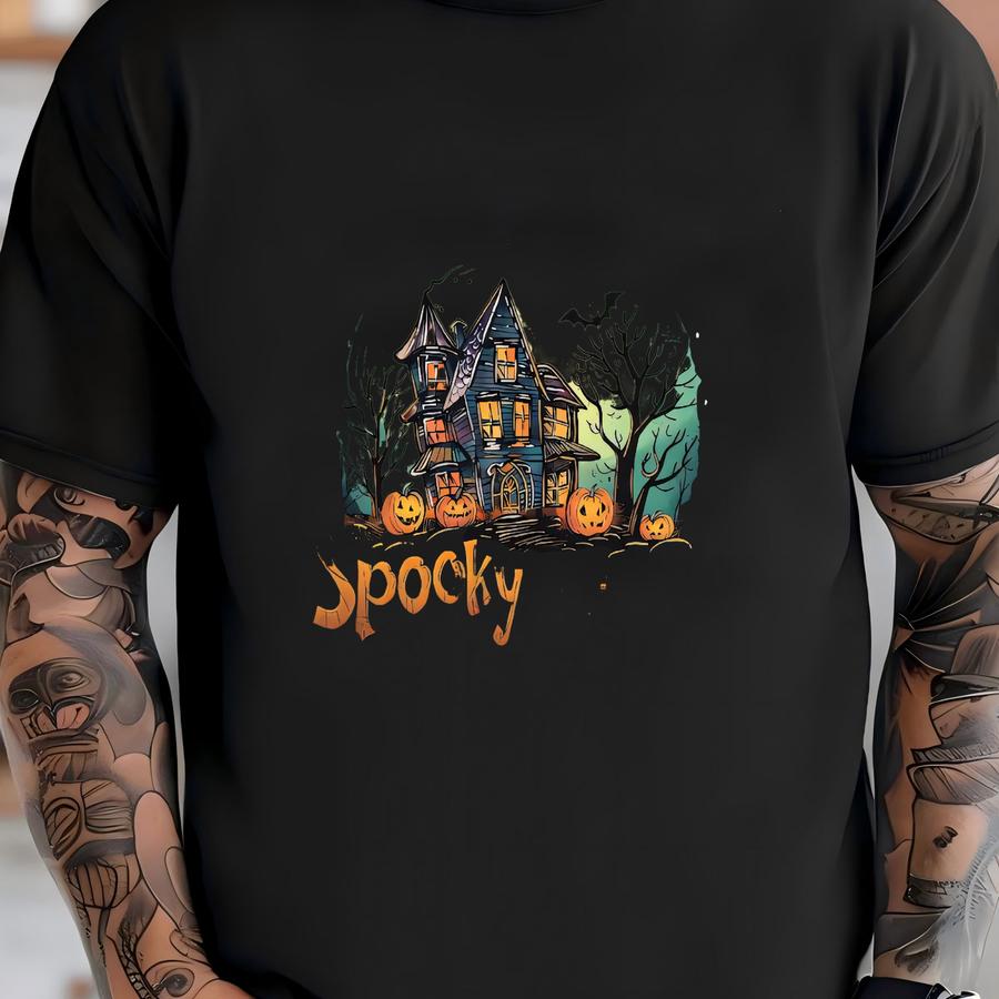 Spooky Haunted House Long Sve Tee: Halloween Fall Design T-shirt