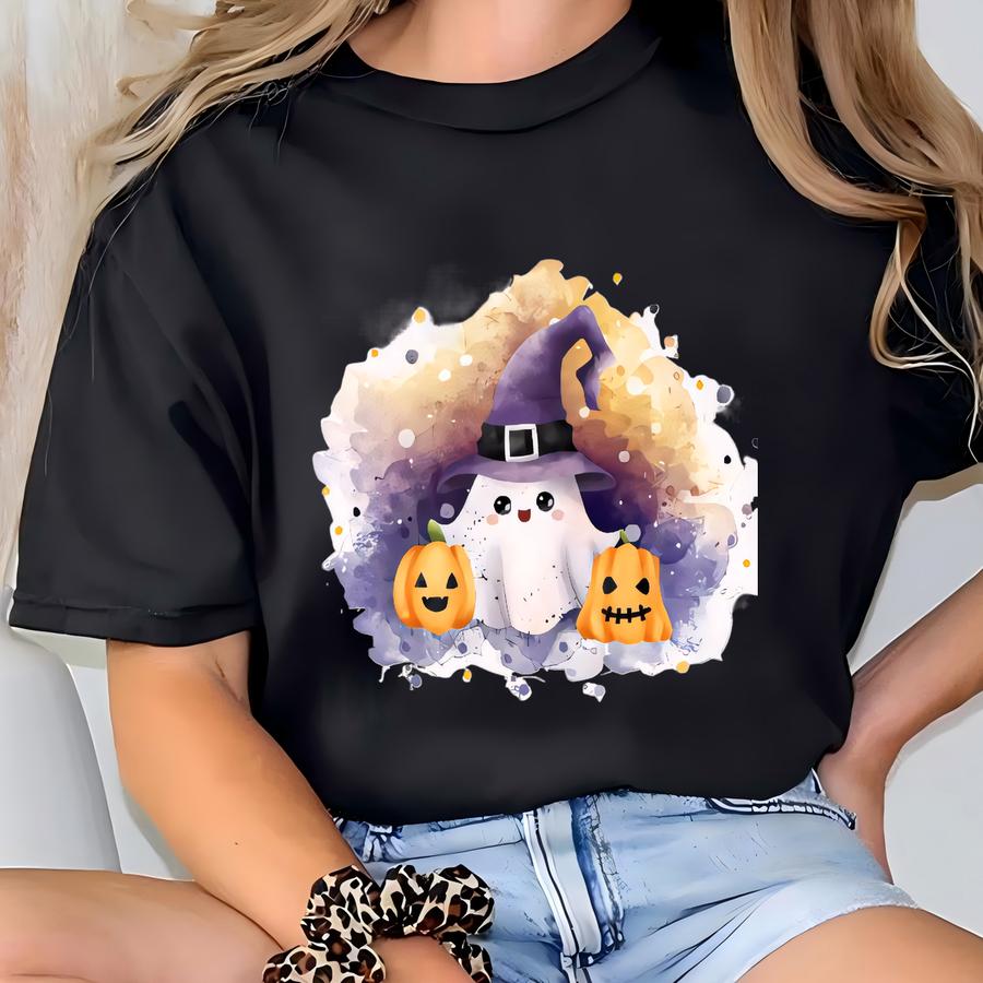 Ghost And Pumpkins Halloween Shirt, Purple Witch Hat Tee, Spooky Cute Tshirt, Fall Outfit, October Sweatshirt, Treat Shirt T-shirt