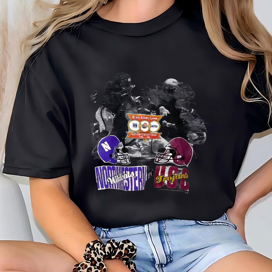 90s Northwestern ‘wildcats’ Vs Usc ‘trojans’ Crewneck Sweatshirt Print Logo Grey Color Men’s Xl T-shirt