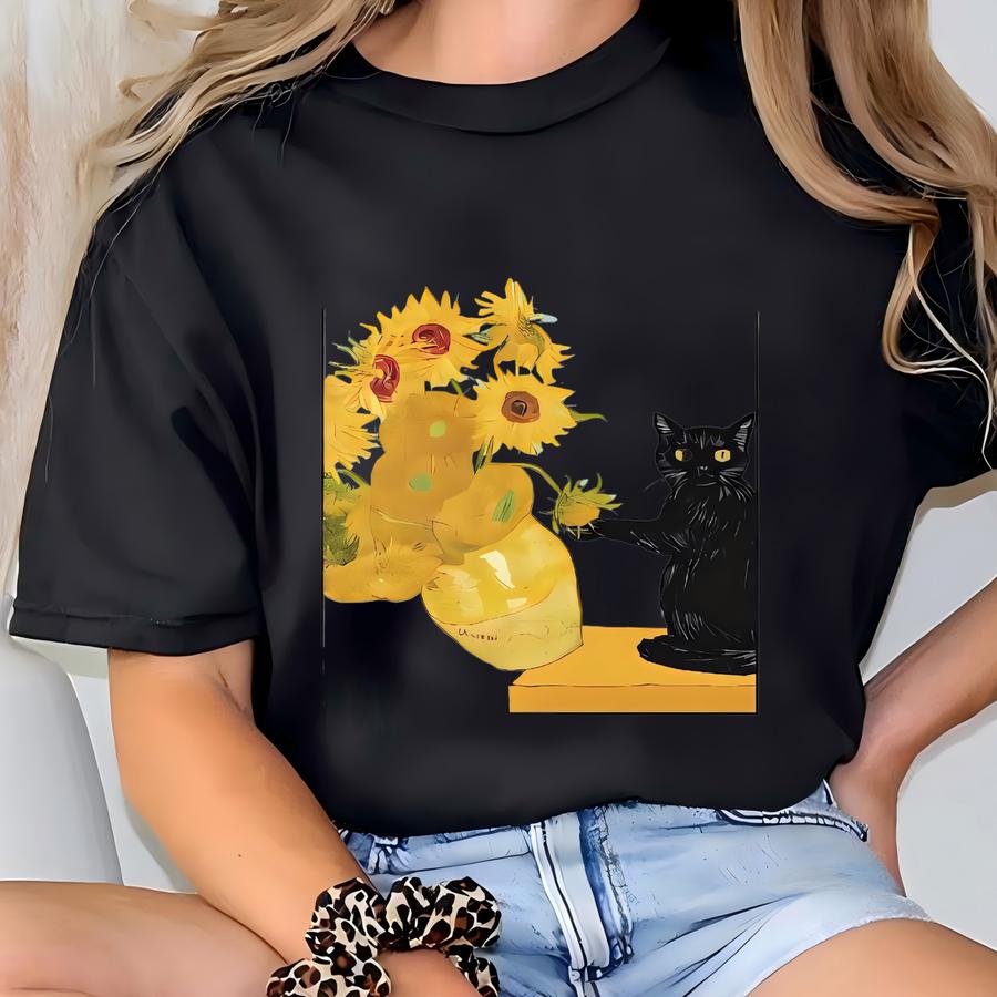 ® Van Gogh Cat Shirt, Van Gogh Irises Cat Tshirt, Black Cat Tee, Funny Cat Shirt, Ladies Shirts, Funny Gift Idea, Cat Lovers T-shirt