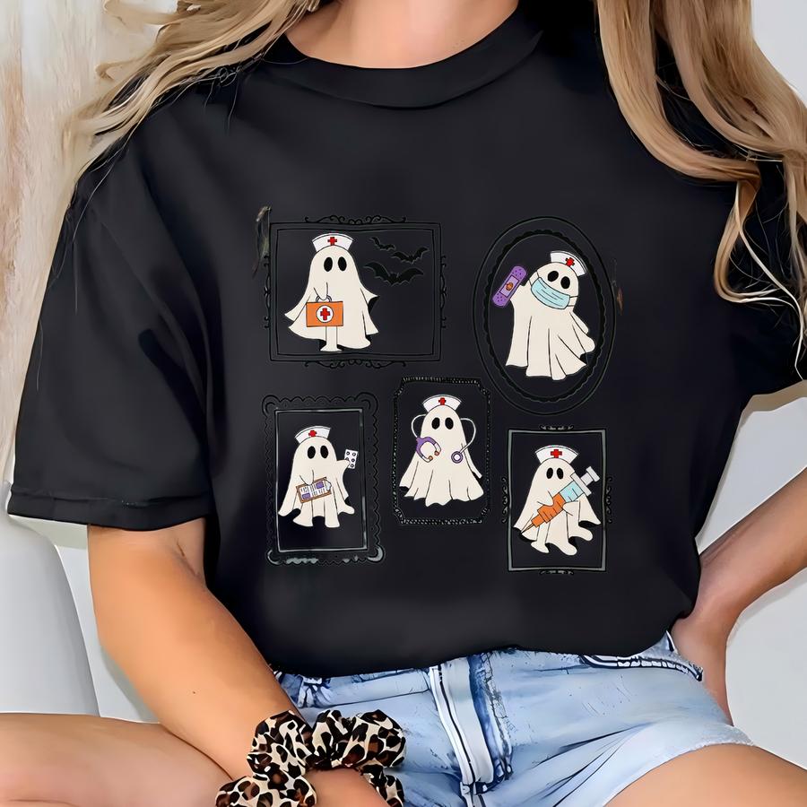 Nurse Ghost Halloween Shirt Spooky Season Tee For Nurses Doctors Medical Workers Funny Ghost Costume Shirt Gift For Her T-shirt