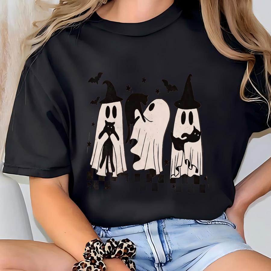 Halloween Cat Ghost Shirt Funny Ghosts With Black Cats Witch Hat Tee Retro Spooky Season Shirt Gift For Cat Lovers T-shirt