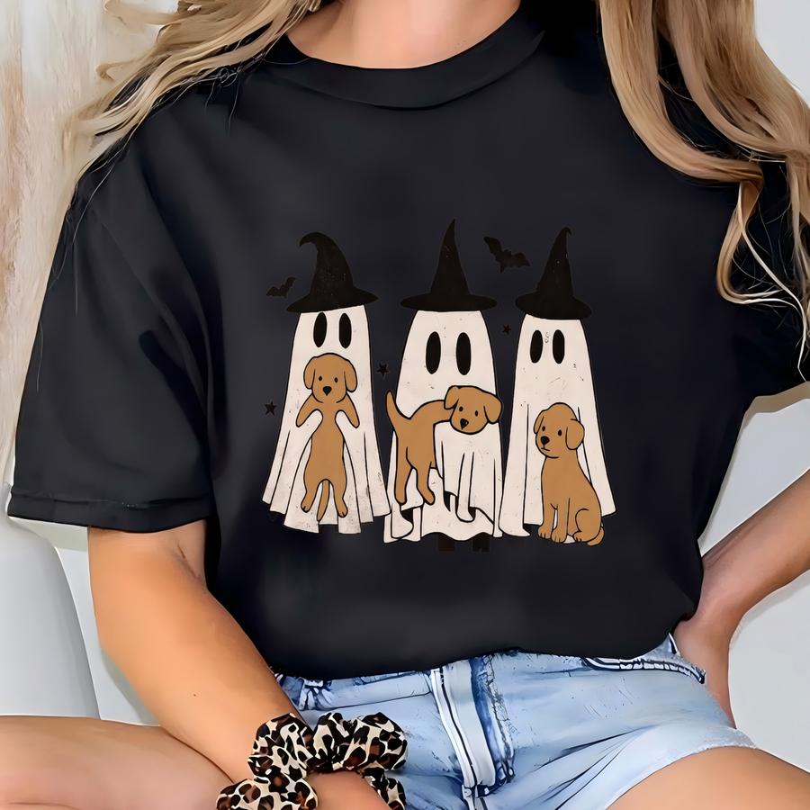 Halloween Dog Ghost Shirt Funny Ghosts With Dogs Witch Hat Tee Retro Spooky Season Shirt Gift For Dog Lovers Fall Top T-shirt