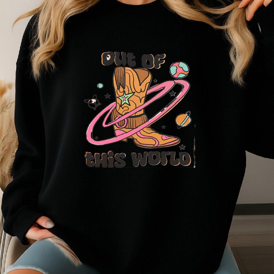 Out Of This World Shirt – Retro Cowgirl Boot Graphic Tee, Western Space T-shirt, Hoodie, Sweatshirt, Long Sve, Gift Skuc 34 Sweatshirt