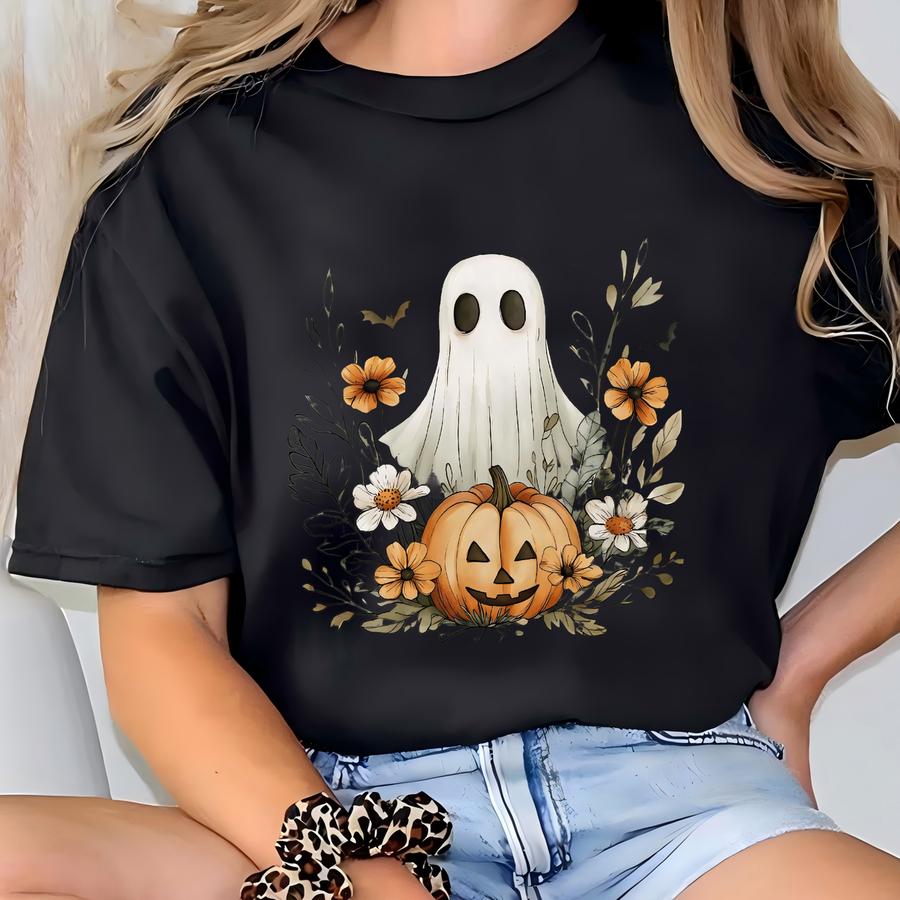 Floral Ghost Sweatshirt, Halloween Ghost Sweatshirt, Flower Halloween Shirt, Vintage Sweatshirt, Fall Sweater T-shirt