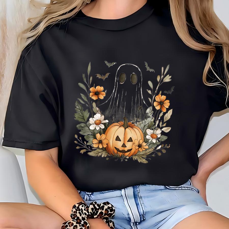 Floral Ghost Sweatshirt, Halloween Ghost Sweatshirt, Flower Halloween Shirt, Vintage Sweatshirt, Fall Sweater T-shirt