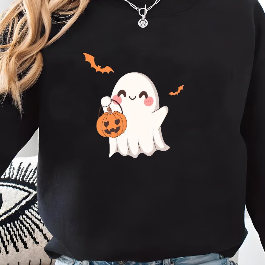 Halloween Tee With Cute Ghost, Pumpkin Lantern Shirt, Fall Trick Or Treat Tshirt, Spooky October Sweatshirt, Kawaii Look Sweatshirt