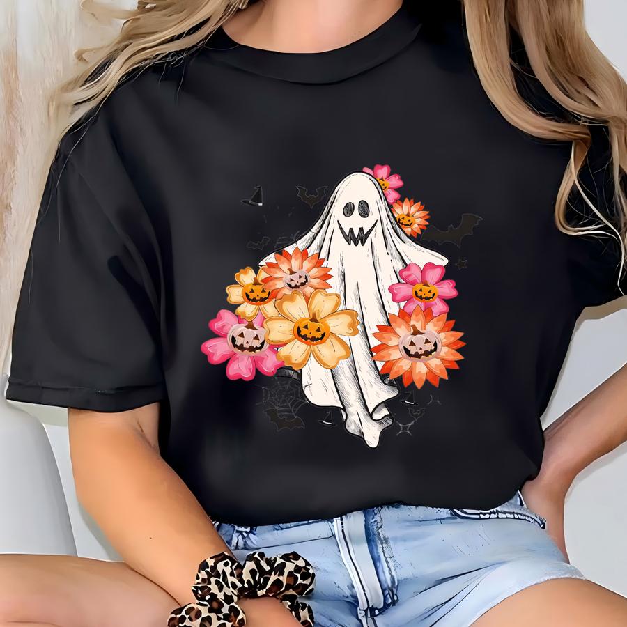 Vintage Floral Ghost Halloween Hoodie: Retro Fall Tee T-shirt