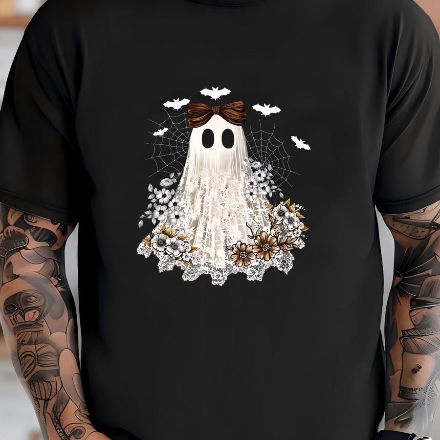 Cute Lace Ghost ® Shirt,boo In Boojee Halloween Shirt, Cute Fall Shirt Ghost With Bow Tee, Boo Lace Halloween Hoodie T-shirt