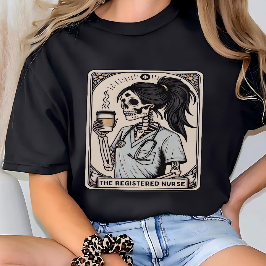 Registered Nurse Shirt, ® Registered Nurse Tarot Card Long Sve, Fall Rn, Funny Gift For Registered Nurse, Skeleton Nurse T-shirt