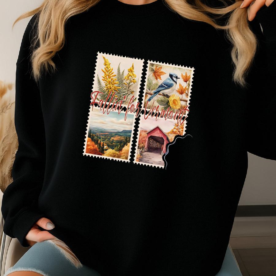 Vermont Fall Scene T-shirt: Blue Jay, Covered Bridge, Cotton Sweatshirt