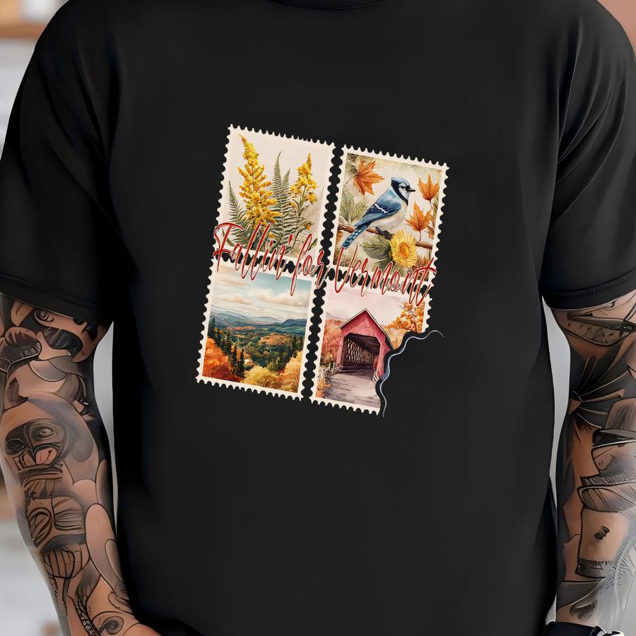 Vermont Fall Scene Hoodie: Blue Jay, Covered Bridge, Cotton T-shirt