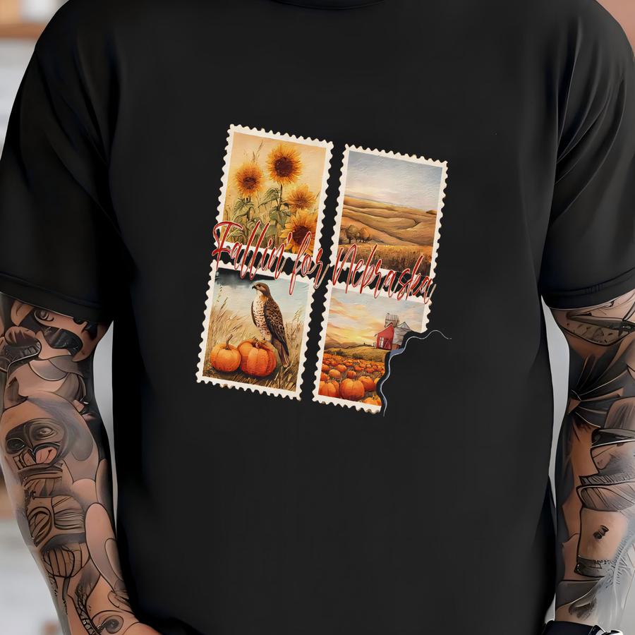 Fall In Nebraska Tee Or Sweatshirt: Suower, Hawk, Pumpkin Design T-shirt