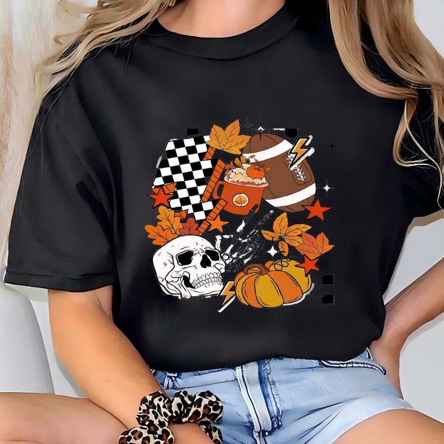 Fall Vibes Shirt: Pumpkin, Football, Skeleton T-shirt