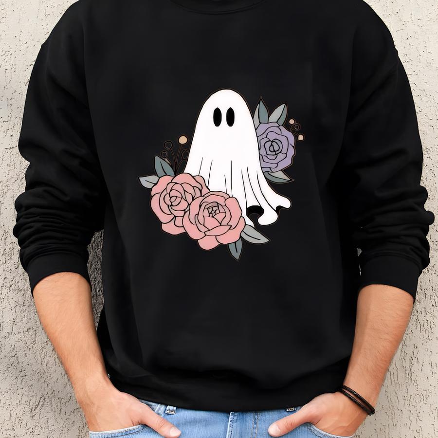 ® Halloween Ghost Shirts, Cute Flower Ghost Sweatshirt, Fall Outfit, Long Sve Shirts For Women Sweatshirt