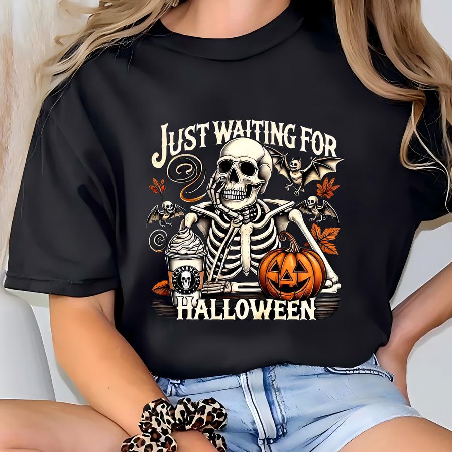 ® Just Waiting For Halloween Hoodie, Funny Skeleton Pumpkin Tshirt, Spooky Fall Women Graphic Shirt, Retro Halloween Hoodie T-shirt