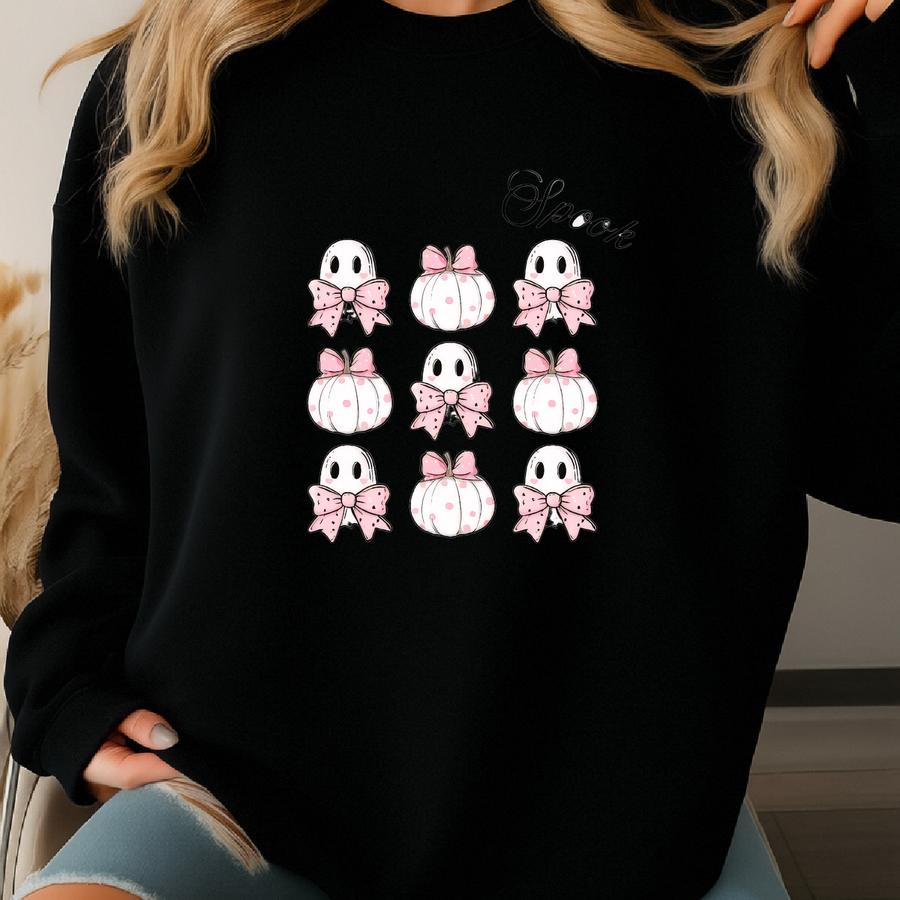 Too Cute To Spook Shirt, Cute Spirit T-shirt, Pink Coquette Bow Hoodie, Sweet And Spooky Crewneck, Darling Pumpkin Outfit, Halloween Party Sweatshirt