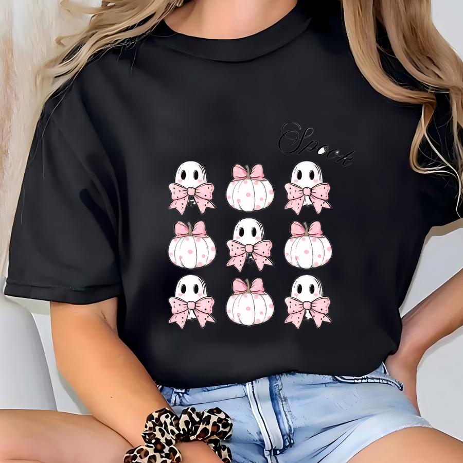 Too Cute To Spook Shirt, Cute Spirit Hoodie, Pink Coquette Bow Hoodie, Sweet And Spooky Crewneck, Darling Pumpkin Outfit, Halloween Party T-shirt