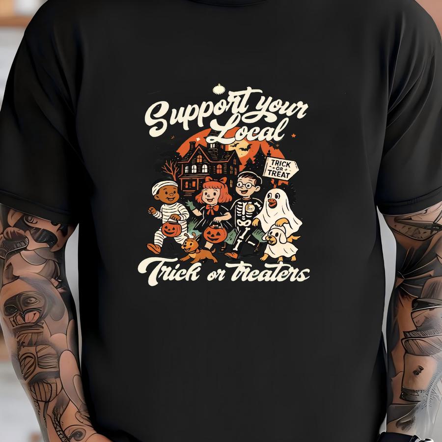 Support Your Local Trick Or Treaters Sweatshirt, Retro Halloween Shirt, Vintage Spooky Fall Sweater, Halloween Graphic, Spooky Kids Pullover T-shirt