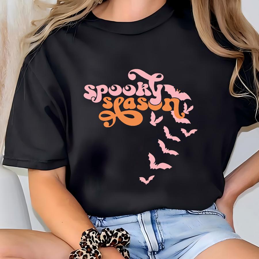 Spooky Season Cursive Shirt, Halloween Vibes Hoodie, Bats In Flight Hoodie, Girly Calligraphy Crew Neck, Fall Party Outfit, Going Out Wear T-shirt