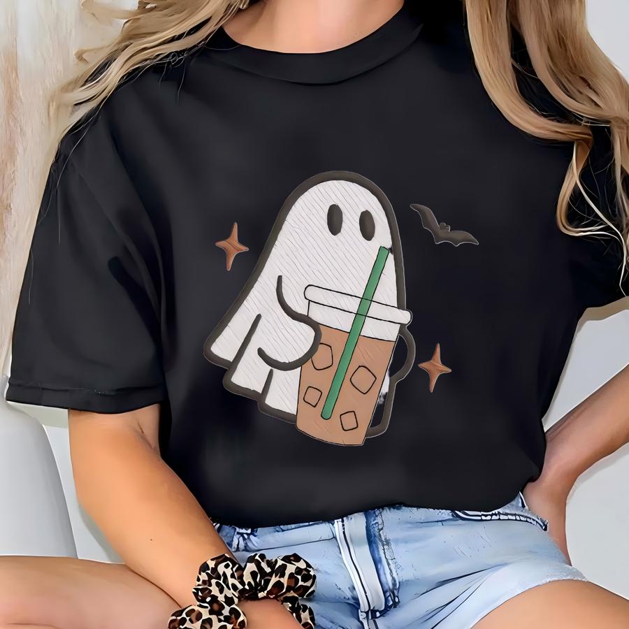 Сute Ghost Coffee Quarter Zip Sweatshirt, Сute Little Ghost Iced Coffee Shirt, Boo Ghost Coffee Shirt, Halloween Coffee Lovers T-shirt