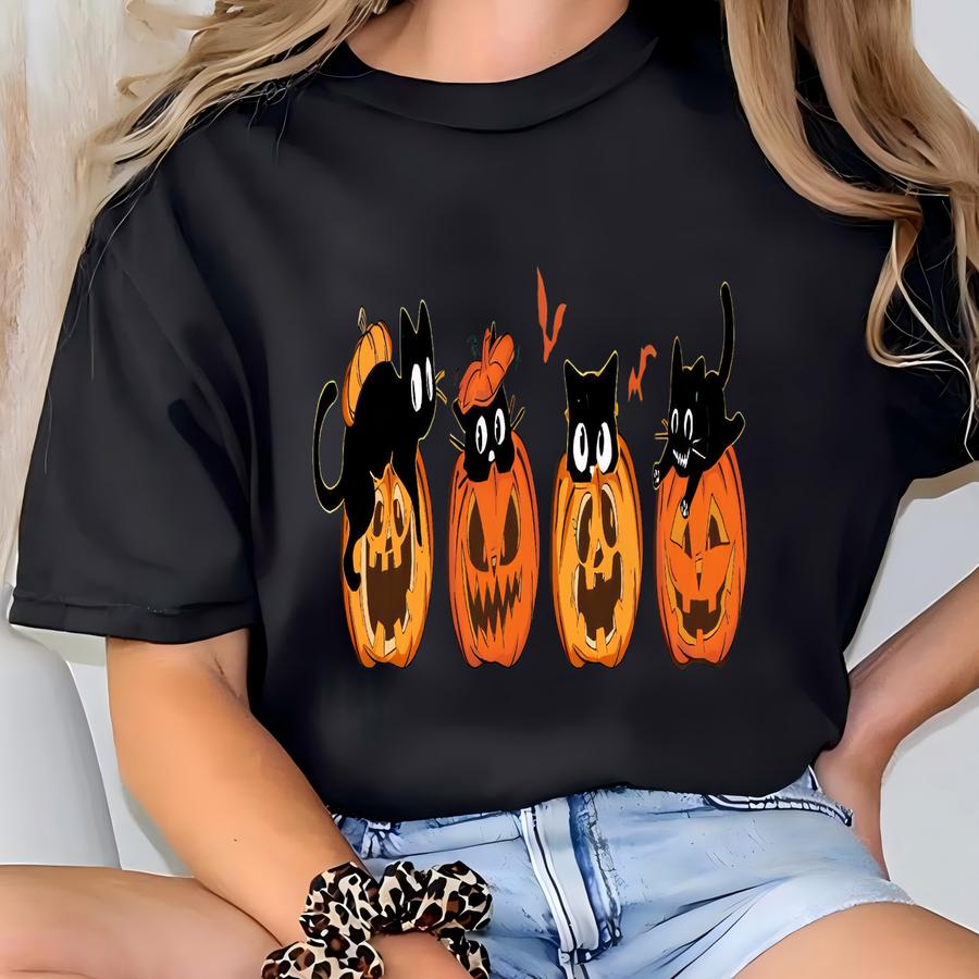 Black Cat Pumpkin Shirt, Halloween Spooky Season Vintage Autumn Tee , T-shirt