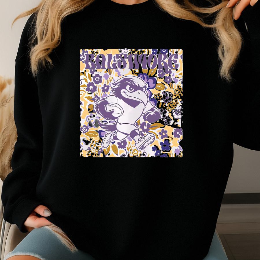 Baltimore Team Mascot Shirt, Floral Spirit Mascot Sweatshirt, Game Day Tee, Abstract Flower Football Sports Shirt, Cheerleader Gift Shirt Sweatshirt