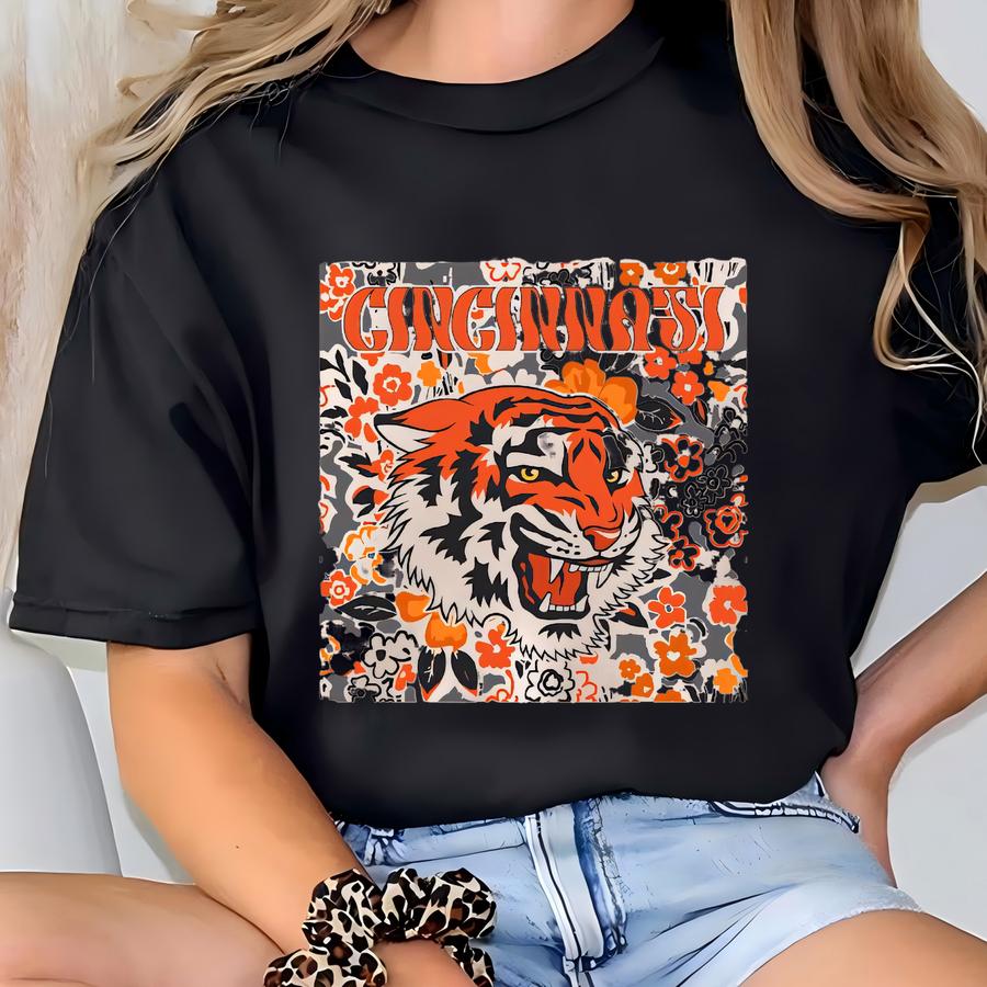 Cincinnati Team Mascot Shirt, Floral Spirit Mascot Sweatshirt, Game Day Tee, Abstract Flower Football Sports Shirt, Cheerleader Gift Shirt T-shirt