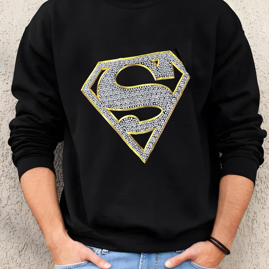 Vintage Warner Bros Superman Shirt Men's Black Xl Diamond Rhinestone Retro Rare Sweatshirt