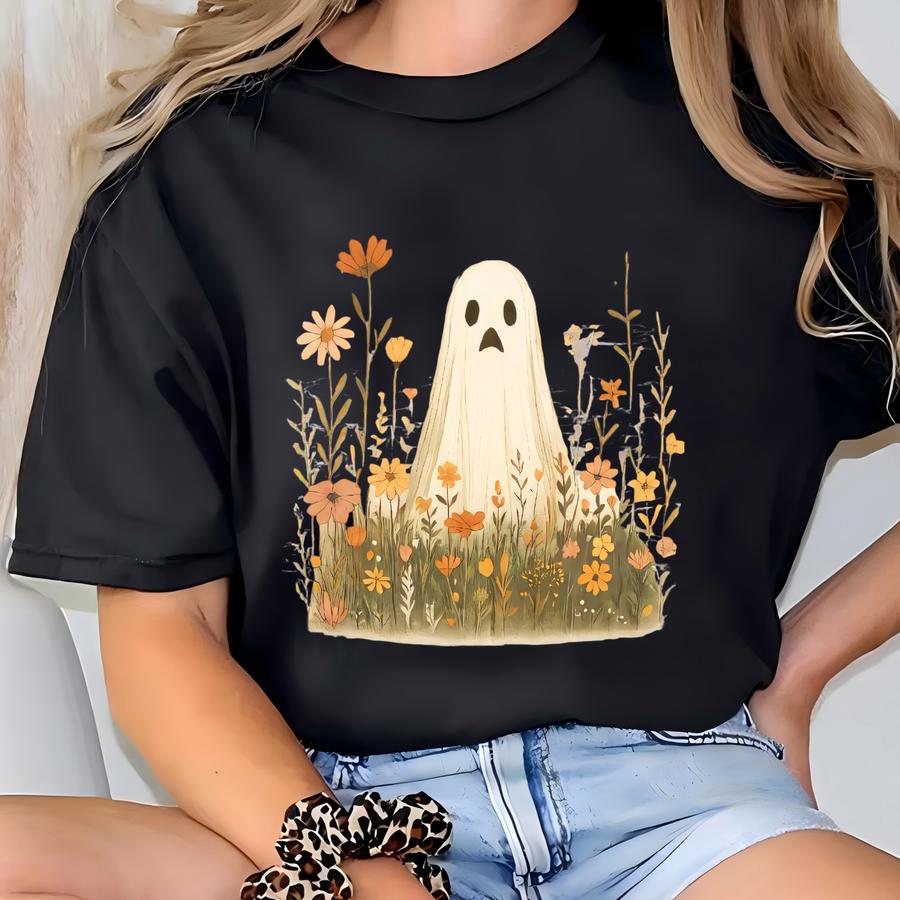 Cute Ghost In Wildflowers Shirt Spooky Fall Aesthetic Halloween Floral Tee Retro October Graphic Hoodie Cozy Ghostcore Gift T-shirt