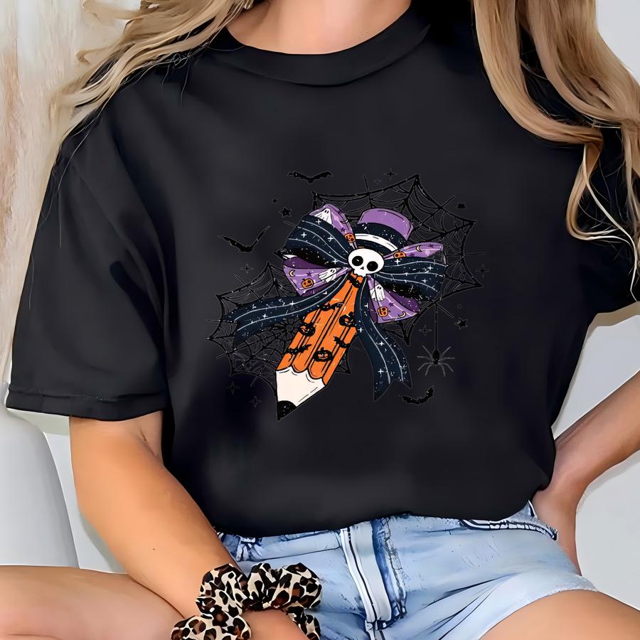 Custom Halloween Pencil Shirt, Halloween Sweater, Halloween Hoodie, Spooky Coquette Bow Shirt, Halloween Teacher Sweater, Back To School T-shirt